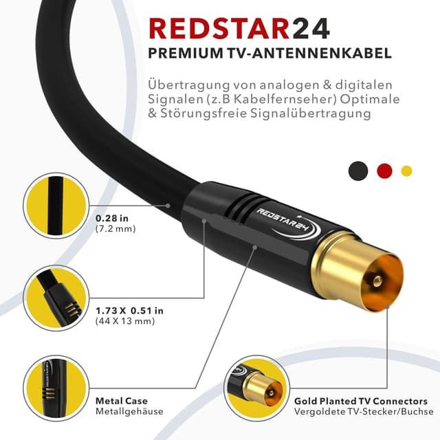 Detalle de RedStar24 Antennenkabel 3 m Schwarz (IEC Stecker auf IEC Buchse) – Koaxialkabel für TV, Radio und DVB