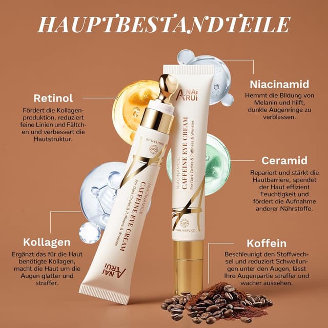 Detalle de ANAiRUi Koffein Niacinamid-Augencreme mit Augenroller gegen dunkle Augenringe & Schwellungen