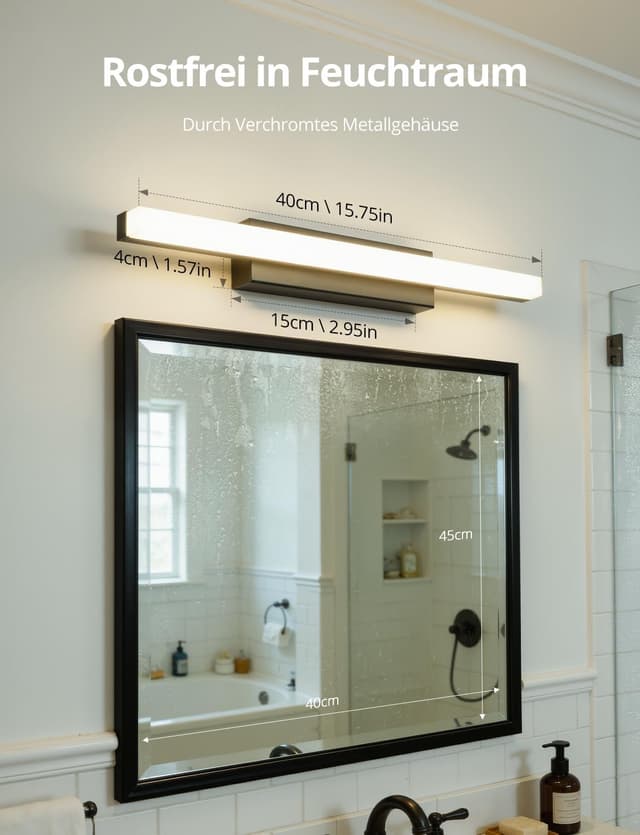 Detalle de Yafido LED-Spiegelleuchte fürs Badezimmer (40 cm, 9 W, 4000 K) – IP44 Naturweiß