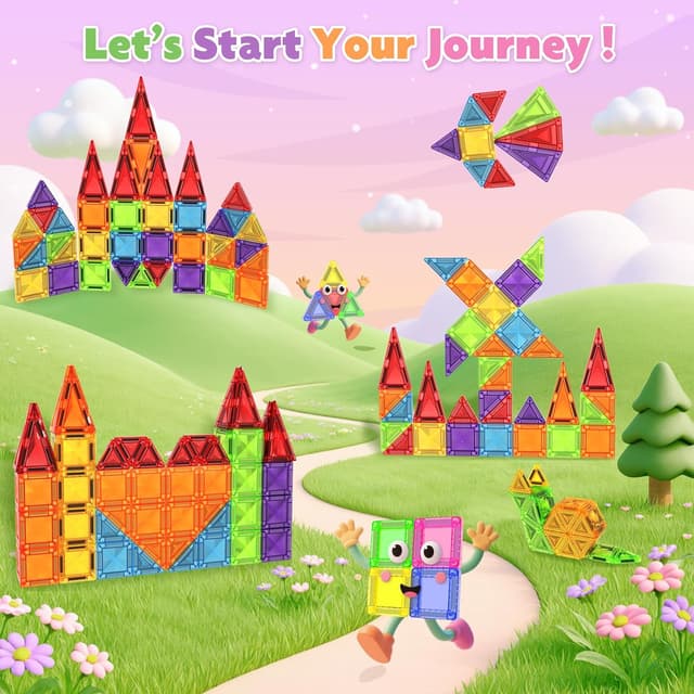 Detalle de Mini Magnetic Tiles 56-piece travel magnetic building blocks with metal box (sensory construction toy for ages 3+)