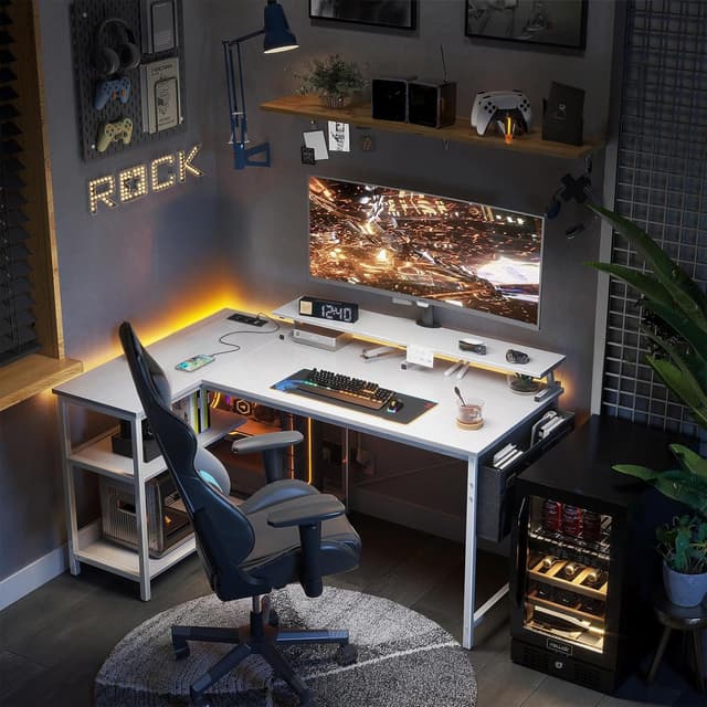 Detalle de ODK Scrivania Angolare Reversibile 120x80 cm bianca con porta USB e prese di ricarica