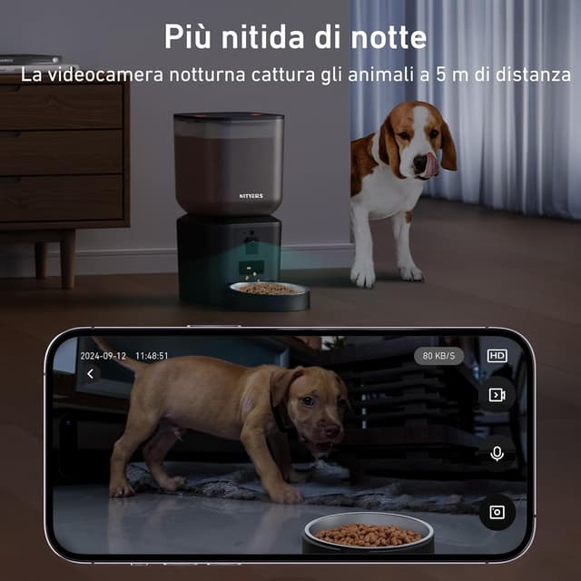 Detalle de Nityers distributore automatico cibo per gatti e cani con telecamera 1080P, audio bidirezionale e Wi‑Fi 2.4/5 GHz
