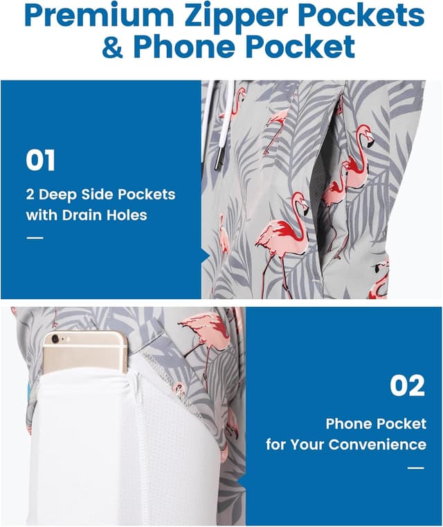 Detalle de MaaMgic 2-in-1 Herren-Badehose mit Kompressions-Innenhose – 4-Wege-Stretch Boardshorts mit Reißverschlusstasche