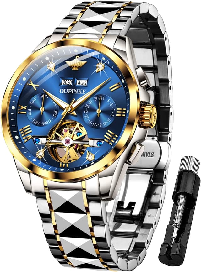 Thumbnail 6 de OUPINKE Herrenautomatik-Uhr mit Mondphase, Wasserdicht (50 m) und zweifarbigem Edelstahlband