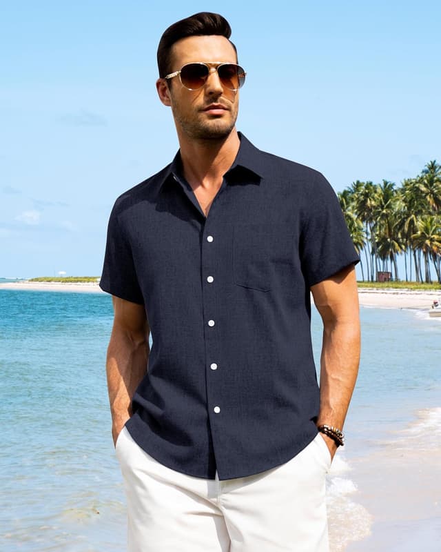 Detalle de J.VER Linen Short Sleeve Summer Shirt (Regular Fit) – casual button-down for beach and holidays