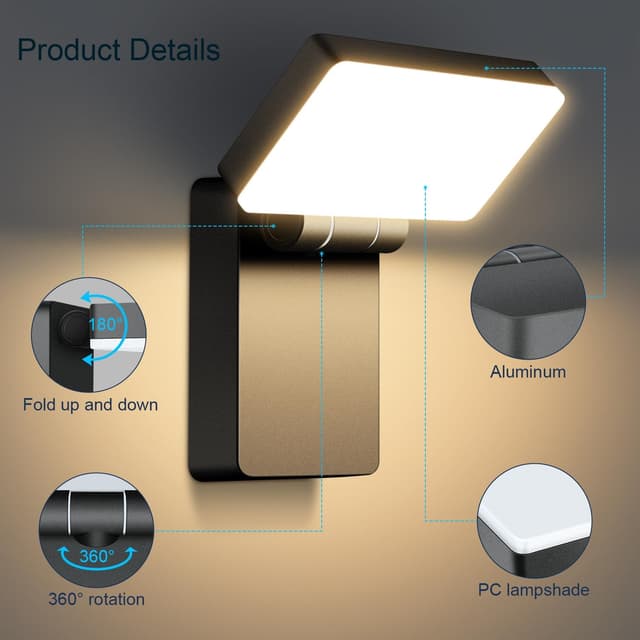 Detalle 2 de Kingwen applique murale esterno LED 40W 3000K IP65 con pannello rotante a 360°