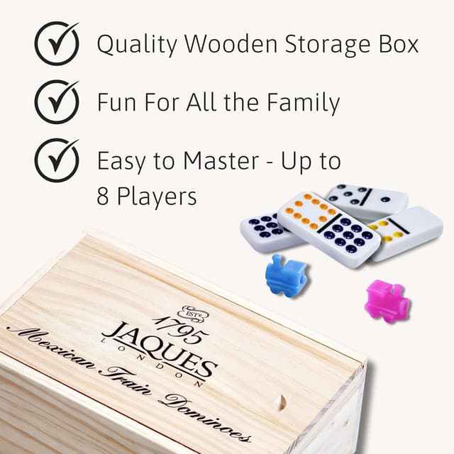 Detalle 2 de Jaques of London Mexican Train Dominoes Game (Family Set) | Wooden Storage Box | Since 1795