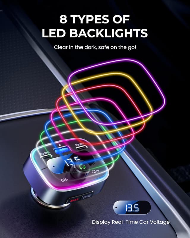 Thumbnail 4 de LENCENT Transmetteur FM Bluetooth 5,4 pour voiture - Charge rapide 60W