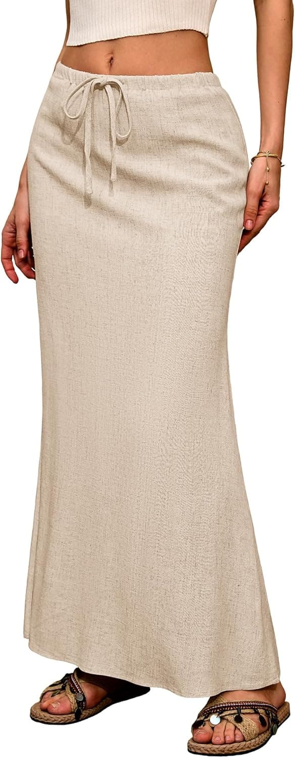 Detalle de ELLEVEN Linen Flared Maxi Skirt with Back Slit (Elastic Waist Drawstring, Ankle-Length)