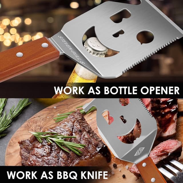 Detalle 2 de Grillspatel für Grill – 7-in-1-Grillwerkzeug mit Holzgriff (Smiley-Grill-Spatel)