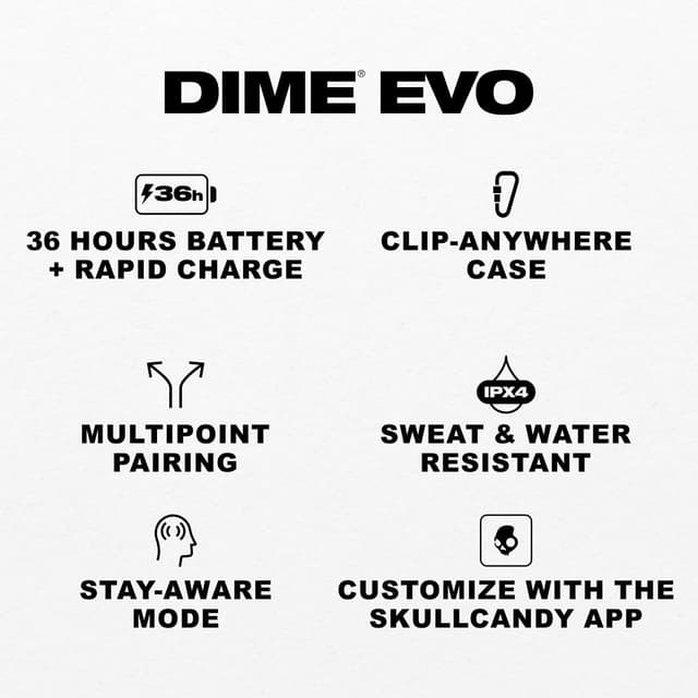 Detalle 2 de Skullcandy Dime Evo In-Ear Wireless-Kopfhörer (Beige) – bis zu 36 Std. Akkulaufzeit, Mikro, IPX4