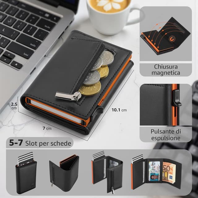 Detalle de TEEHON Portafoglio Uomo Slim con RFID, pop-up carte, portamonete e scomparto banconote (arancione/nero)