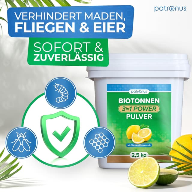 Detalle 2 de Patronus Biotonnenpulver gegen Maden und Geruch – 2,5 kg Vorteilspack für Mülltonne & Biotonne