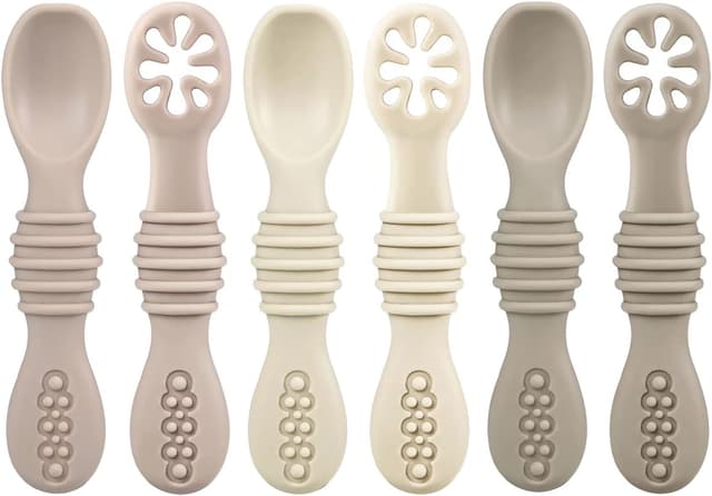 Detalle de PandaEar Silikon Babylöffel & Lernlöffel für BLW, 6 Stück (BPA-frei) ab 4–6 Monaten – Beige/Braun
