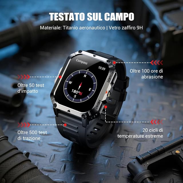 Detalle de IOWODO Smartwatch Uomo Militare 2.01” IP68 con Bluetooth, torcia LED e 123 modalità sportive