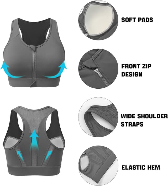 Detalle de JoyGirl Zip-Front High Impact Seamless Sports Bra with Padded Cups for Running, Yoga & Gym