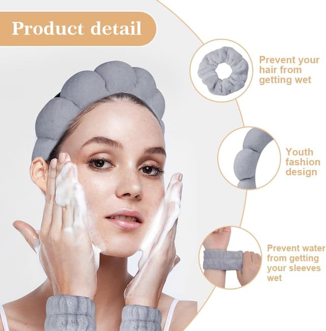 Detalle 2 de Alaoo Fascia Capelli Donna Trucco: set da 4 pezzi per lavare il viso, applicare il trucco e fare la doccia (grigio)