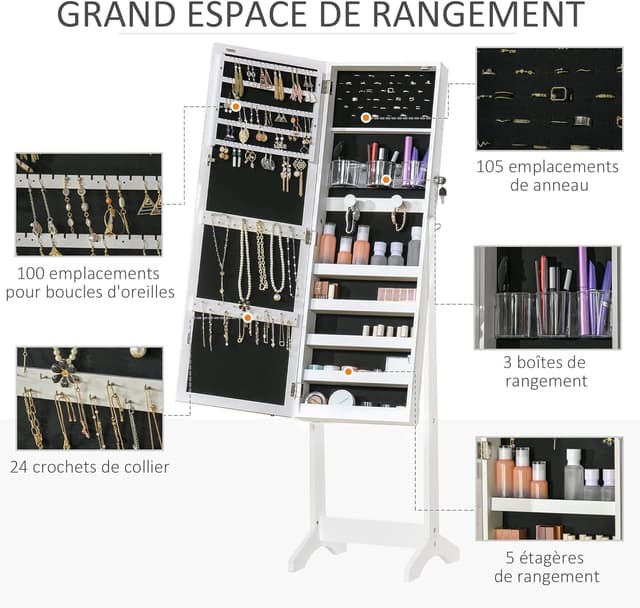 Detalle de HOMCOM armoire à bijoux LED sur pied avec miroir et écran tactile blanc