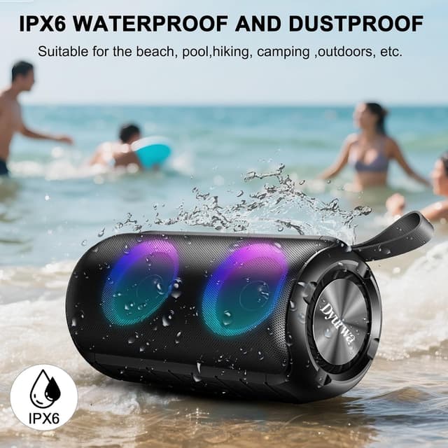 Detalle de Dyurwa Portable Bluetooth Speaker (24W Stereo Sound, Bluetooth 5.3, IPX6, 12H playtime) with RGB lights and built-in mic
