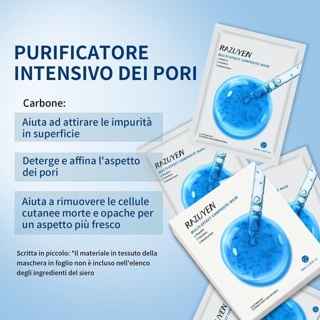 Detalle de RAZUYYEN Maschera viso di riparazione in tessuto (con acido ialuronico, centella e pantenolo) – 10 maschere per pelli secche e sensibili