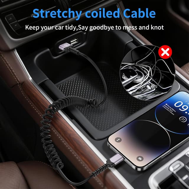 Detalle 2 de 3-Pack Coiled Lightning Cable for Car (MFi Certified) USB-A to Lightning Retractable iPhone Charger