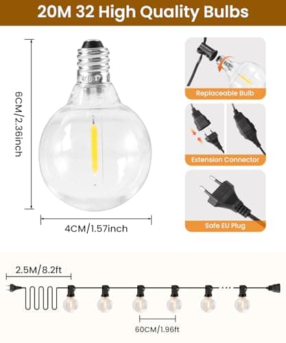 Detalle de Rintea Guirnalda de luces exterior 20 m con 30+2 bombillas LED, blanco cálido 2700 K e IP44