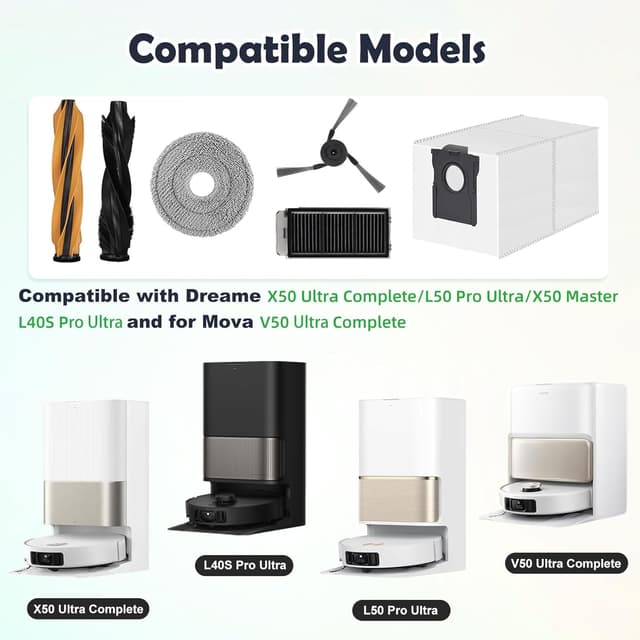 Detalle de Ersatz-Zubehör-Set kompatibel für Dreame L50/L50S/L40s Pro Ultra & Mova V50/P50s Ultra (Hauptbürste, Filter, Seitenbürsten, Wischpads, Staubbeutel)