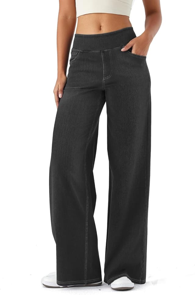 Detalle de ZIRUU Damen Wide-Leg Pull-On Jeans mit Gummibund und Taschen