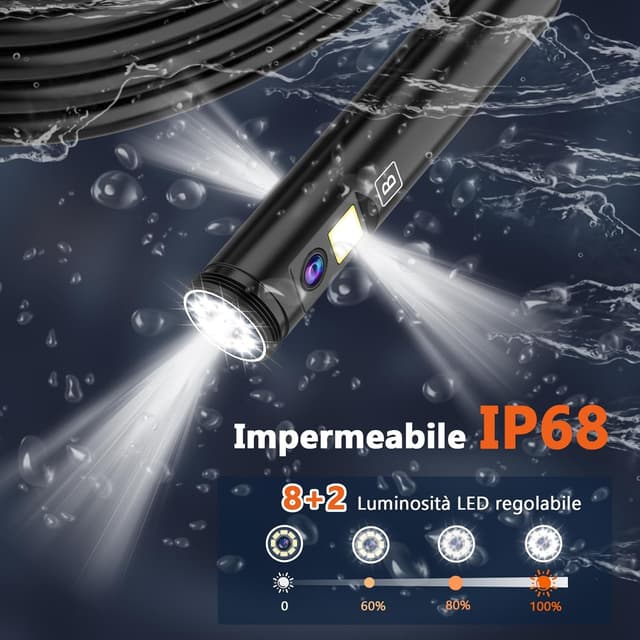 Thumbnail 3 de Ferdiiz Endoscopio Professionale 7" IPS 1920P HD 1920P con tripla lente e LED regolabili, sonda IP68 con cavo semi-rigido 5 m