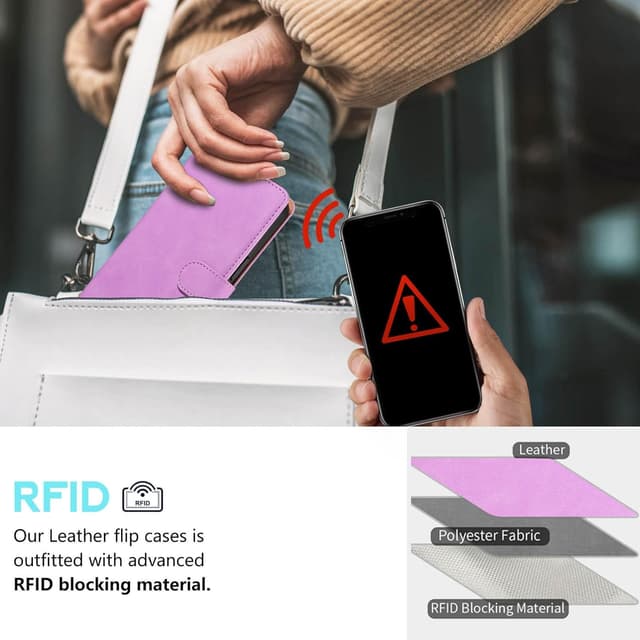 Detalle de GOTOURED Handyhülle für iPhone 13 mit Klappfunktion, RFID-Blockierung, Kartenfächern, Handgelenksgurt und Stand (Lila)