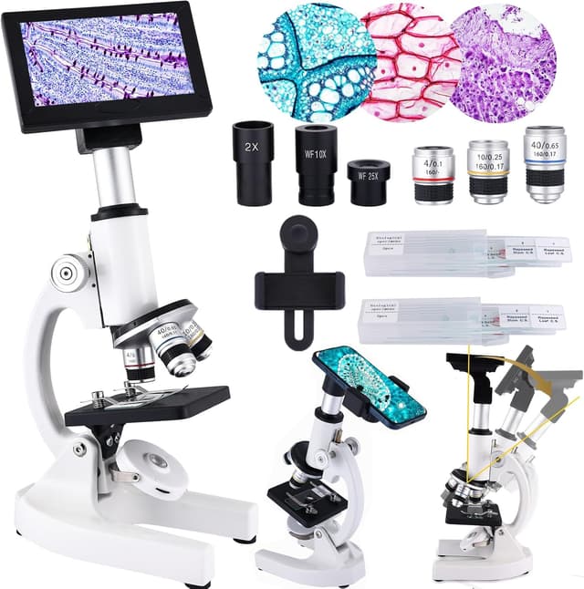 Detalle de Herwicm Microscope 40X–2500X with 4.3-Inch HD Display, LED Fill Light, and Starter Lab Kit (White)