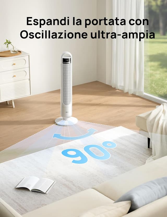 Detalle de DREO ventilatore a torre smart per camera da letto 28 dB, 4 velocità, 3 modalità, controllo app e oscillazione 90°