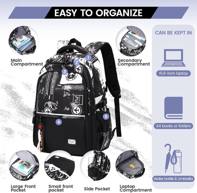 Detalle 2 de Amythe Zaino per Scuola Superiore e Media per Ragazzi con PC 16 pollici, 32 litri, impermeabile – Nero