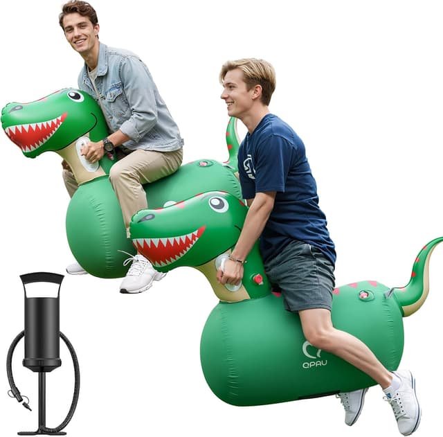 Detalle de QPAU Inflatable Bouncy Dinosaur (2 pcs) with Hand Pump – heavy duty hopping animal hopper, for ages 5+