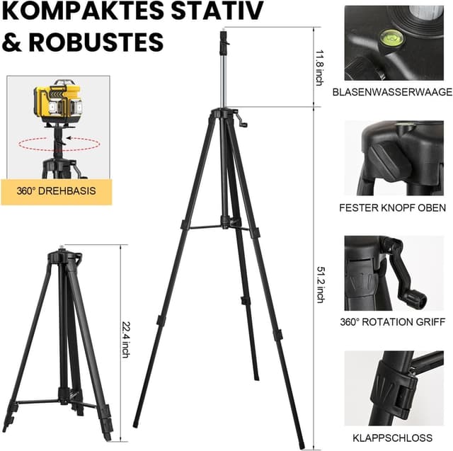 Thumbnail 6 de ansigtny Kreuzlinienlaser mit Stativ – 4×360° grüne Linien, selbstnivellierend (±3°), 1,6 m Stativ & Fernbedienung
