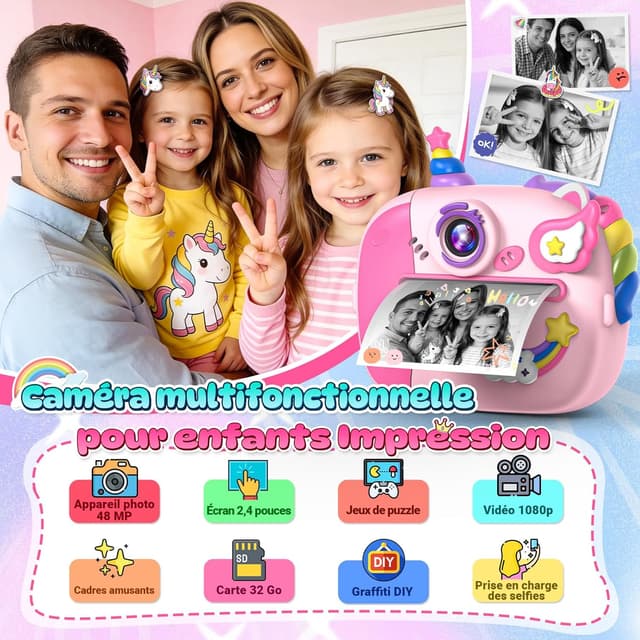 Detalle de Wootoyz Sofortbildkamera Einhorn – Kinderkamera mit Sofortdruck, 32 GB Karte, rosa
