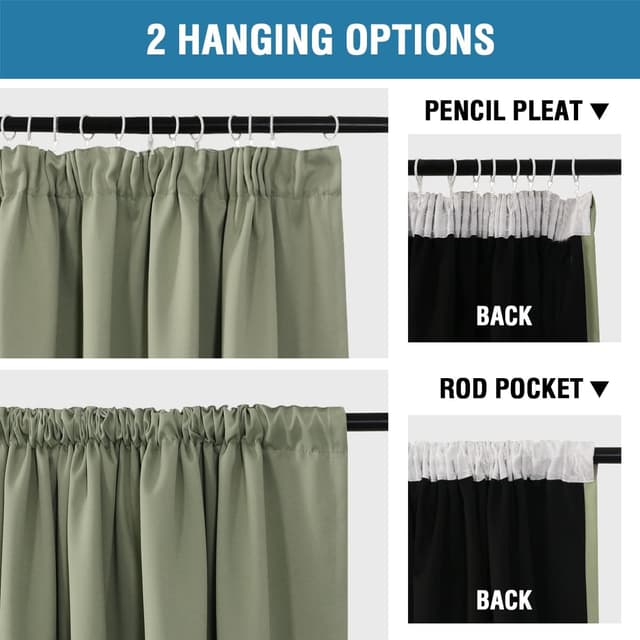 Detalle de BellaHills 100% blackout pencil pleat curtains (2 panels) in Light Sage, with black liner