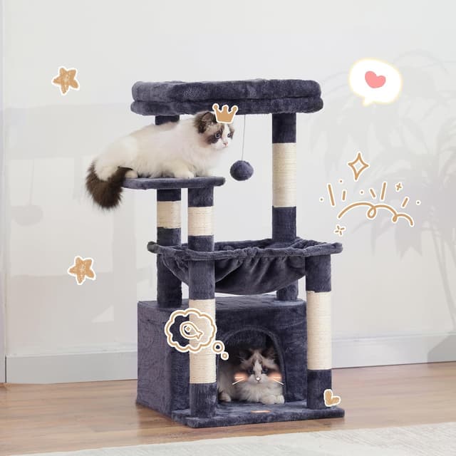 Detalle de Heybly Kratzbaum HCT008SG mit extra großem Katzenkorb, weichem Ruhebereich und 7 Sisal-Kratzsäulen (rauchgrau)