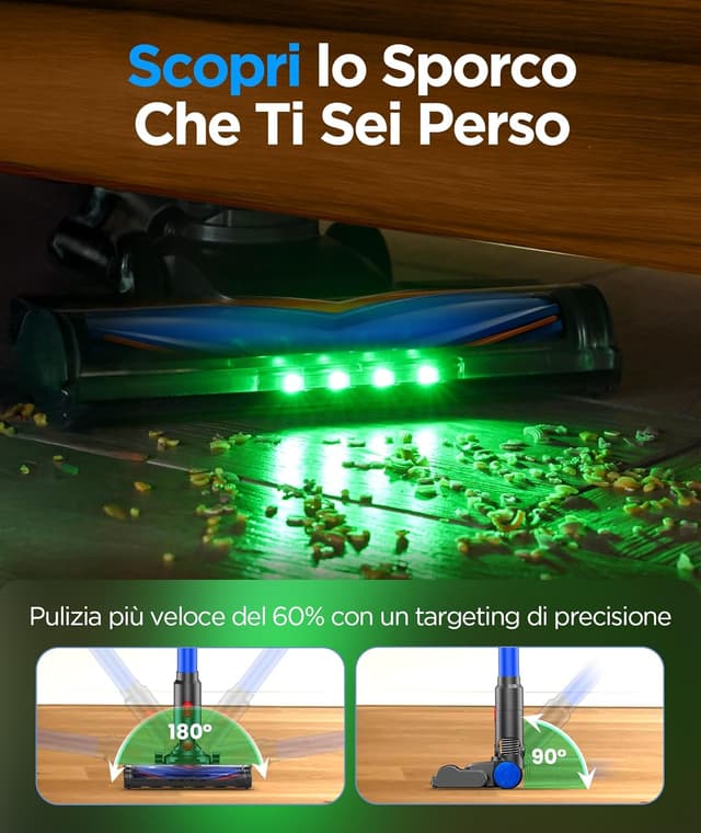 Detalle de VersLife Z8 Aspirapolvere Senza Fili 40KPa con filtro HEPA e luce LED verde, autonomia 45 min