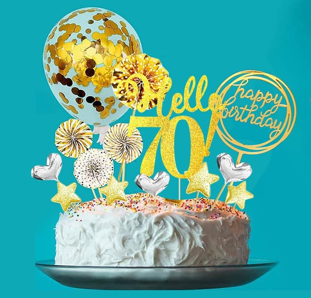 Detalle de 24-teilige 70. Geburtstag Tortendeko-Set (Happy Birthday, Kerzen, Glitzerkarton-Topper, Party-Details) in Gold/Silber