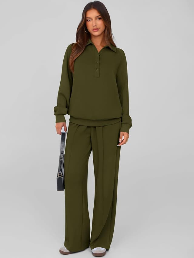 Detalle 2 de PRETTYGARDEN Women’s Fall 2-Piece Quarter-Button Sweatshirt & Wide-Leg Pants Lounge Set