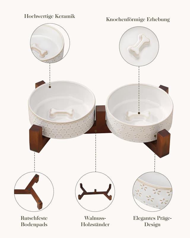 Detalle de MALACASA Keramik-Hundenapf mit Walnussholz-Ständer, 450 ml Doppelschalen für Hund & Katze