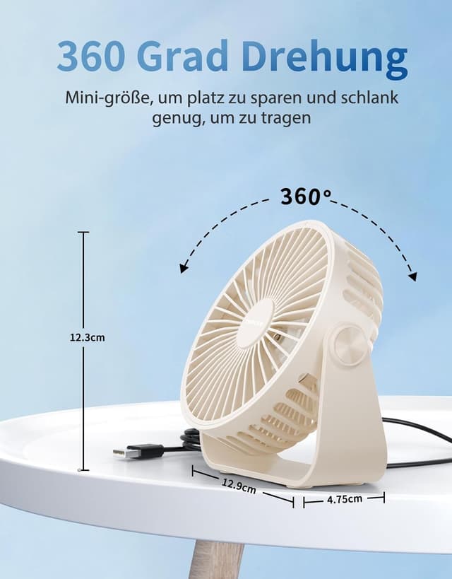 Detalle 2 de TriPole USB Desk Fan – 3-Speed Adjustable Mini Table Fan with 360° Rotating Head (Beige)