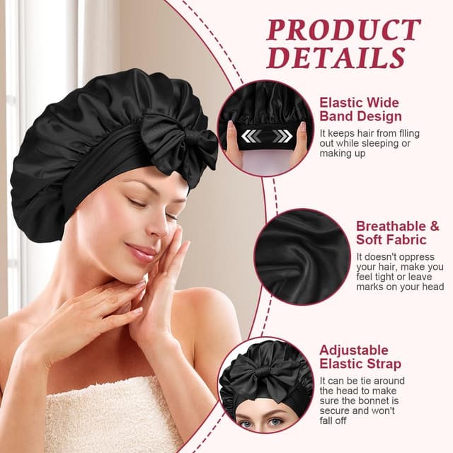 Detalle de ACWOO Bonnet de nuit ajustable en satin et soie pour protéger les cheveux pendant le sommeil