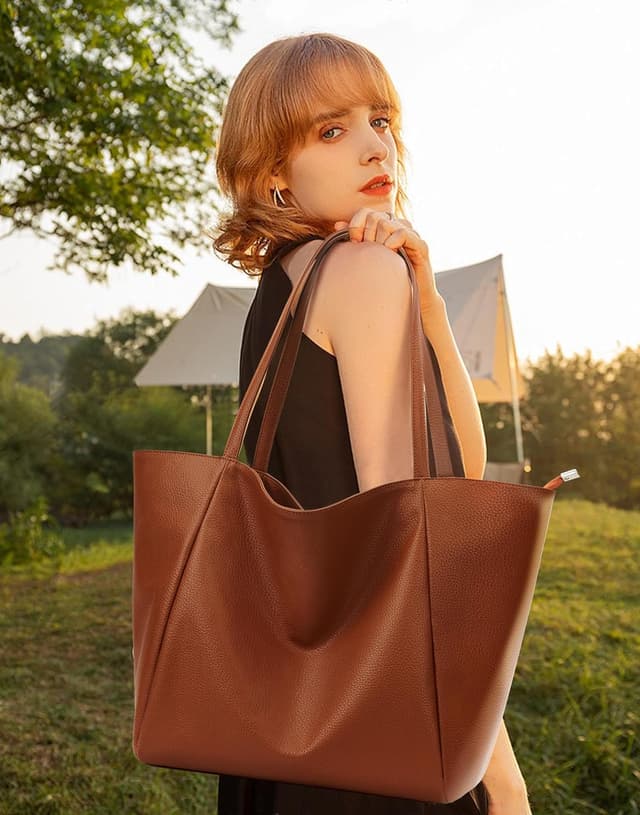 Detalle de Large Tote Bags for Women with Top Handle & Zipper – PU Leather Work, Shopping, School & Travel Bag