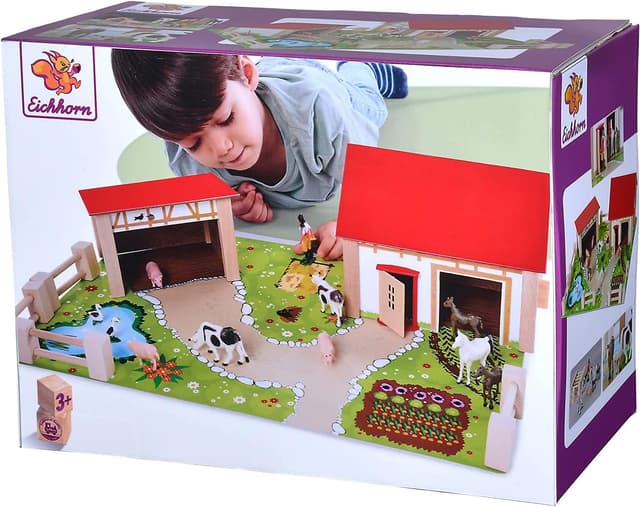 Detalle 2 de Eichhorn Bauernhof 100004309 – Bauernhof-Spielset aus Buchenholz mit 2 Gebäuden, Tieren und Zäunen (20-teilig)