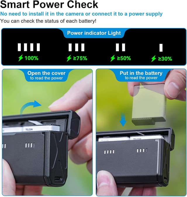 Detalle 2 de TELESIN Ladegerät für GoPro Hero 13 – Schnellladetasche mit 3 Steckplätzen und seitlicher Ladebuchse (kompatibel mit Original-Akku)