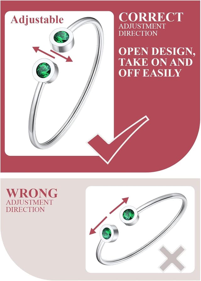 Detalle 2 de FOCALOOK Armband für Damen aus Edelstahl mit offenen, verstellbaren Geburtsstein-Elementen (Silber/Gold)