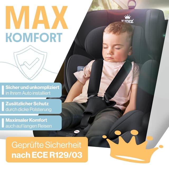 Detalle 1 de KIDIZ® Autokindersitz mit ISOFIX i-Size R129, 100–150 cm (bis 12 Jahre), 5-Punkt-Gurt & höhenverstellbarer Kopfstütze – Schwarz