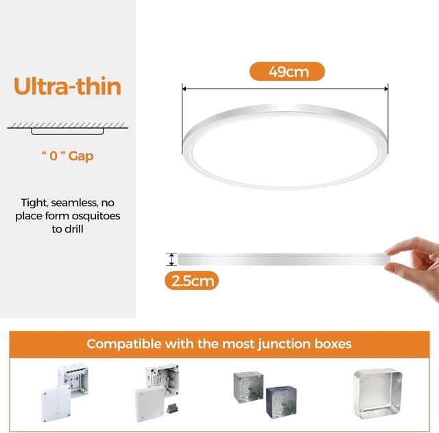 Detalle de slochi LED-Deckenleuchte flach 46W, Ø50 cm – 3 Lichtfarben (3000K/4000K/6500K), IP44 für Bad & Küche